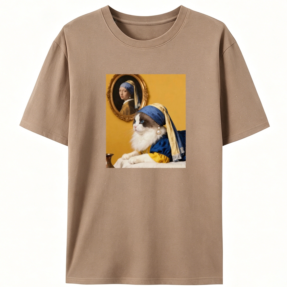 Cat with a Pearl Earring Retro Designed for Women - Slim Fit Cotton Tee