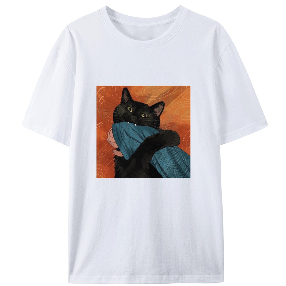 Blanket Biting Black Cat Retro Designed for Women - Slim Fit Cotton Tee