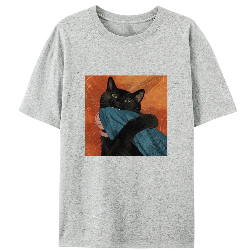Blanket Biting Black Cat Retro Designed for Women - Slim Fit Cotton Tee