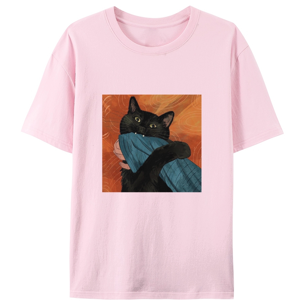 Blanket Biting Black Cat Retro Designed for Women - Slim Fit Cotton Tee