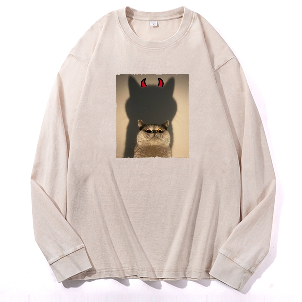 Demon Shadow Cat Meme Retro Washed Long Sleeve T-Shirt