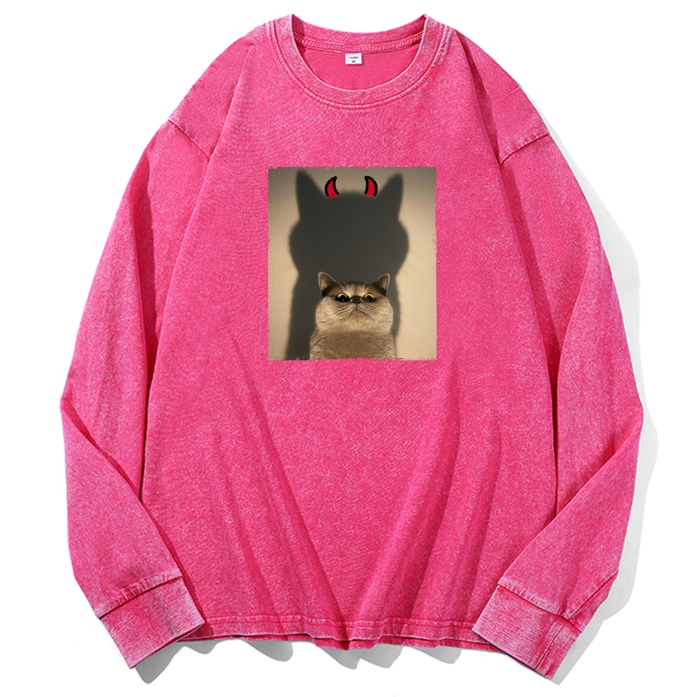 Demon Shadow Cat Meme Retro Washed Long Sleeve T-Shirt
