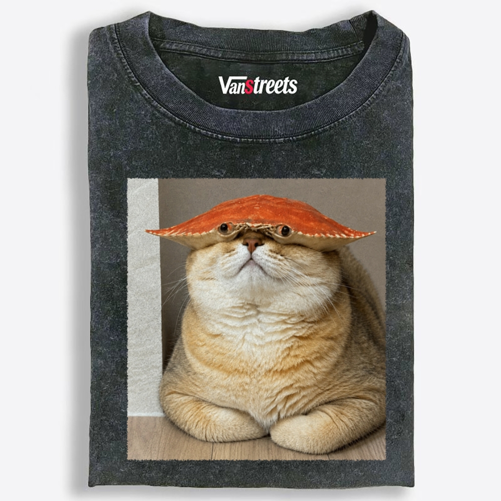 Orange Cat With Crab Shell Hat Retro Washed T-Shirt | 100% Cotton | Streetwear Essential