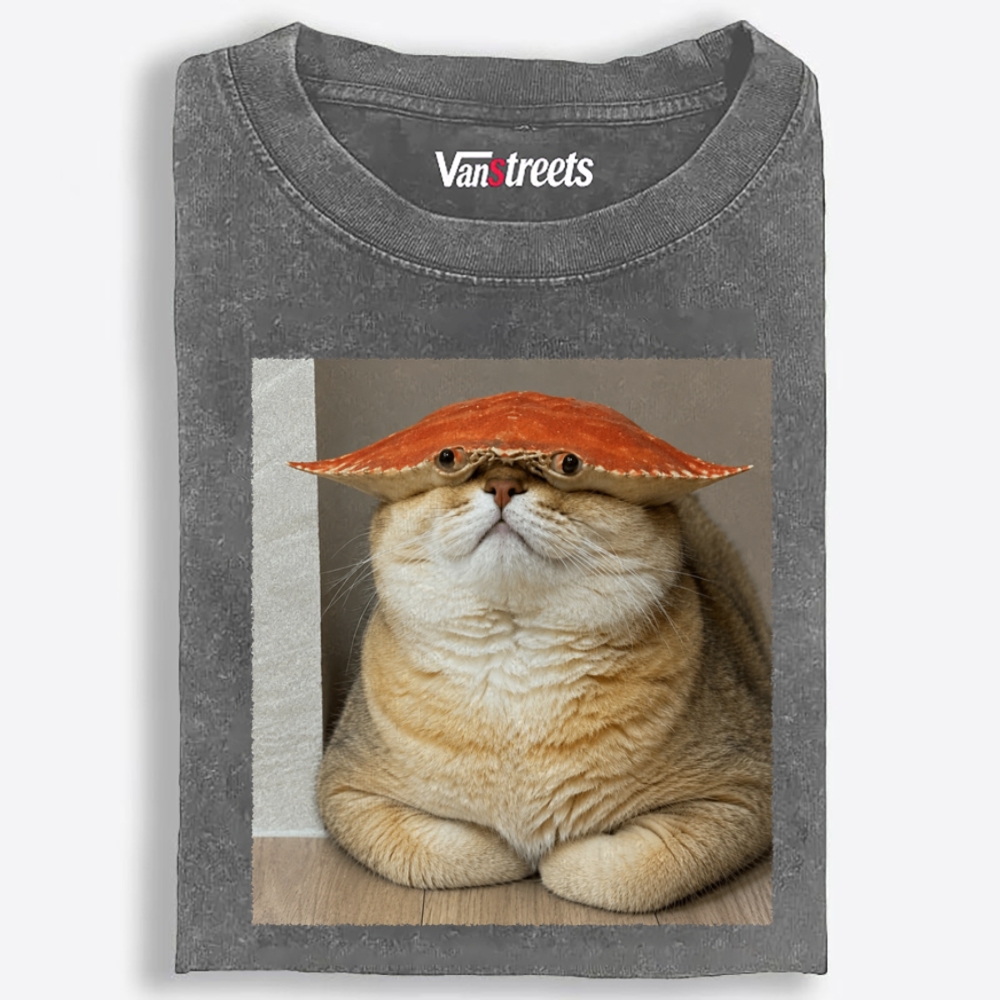 Orange Cat With Crab Shell Hat Retro Washed T-Shirt | 100% Cotton | Streetwear Essential