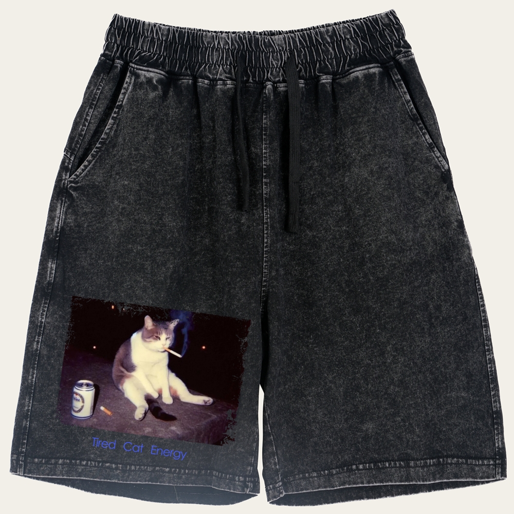 Tired Cat Energy Retro Washed Shorts