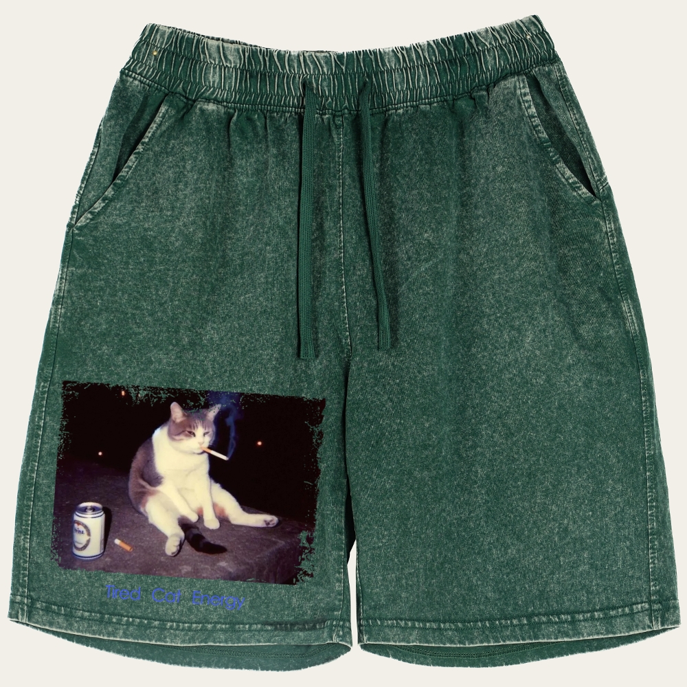 Tired Cat Energy Retro Washed Shorts