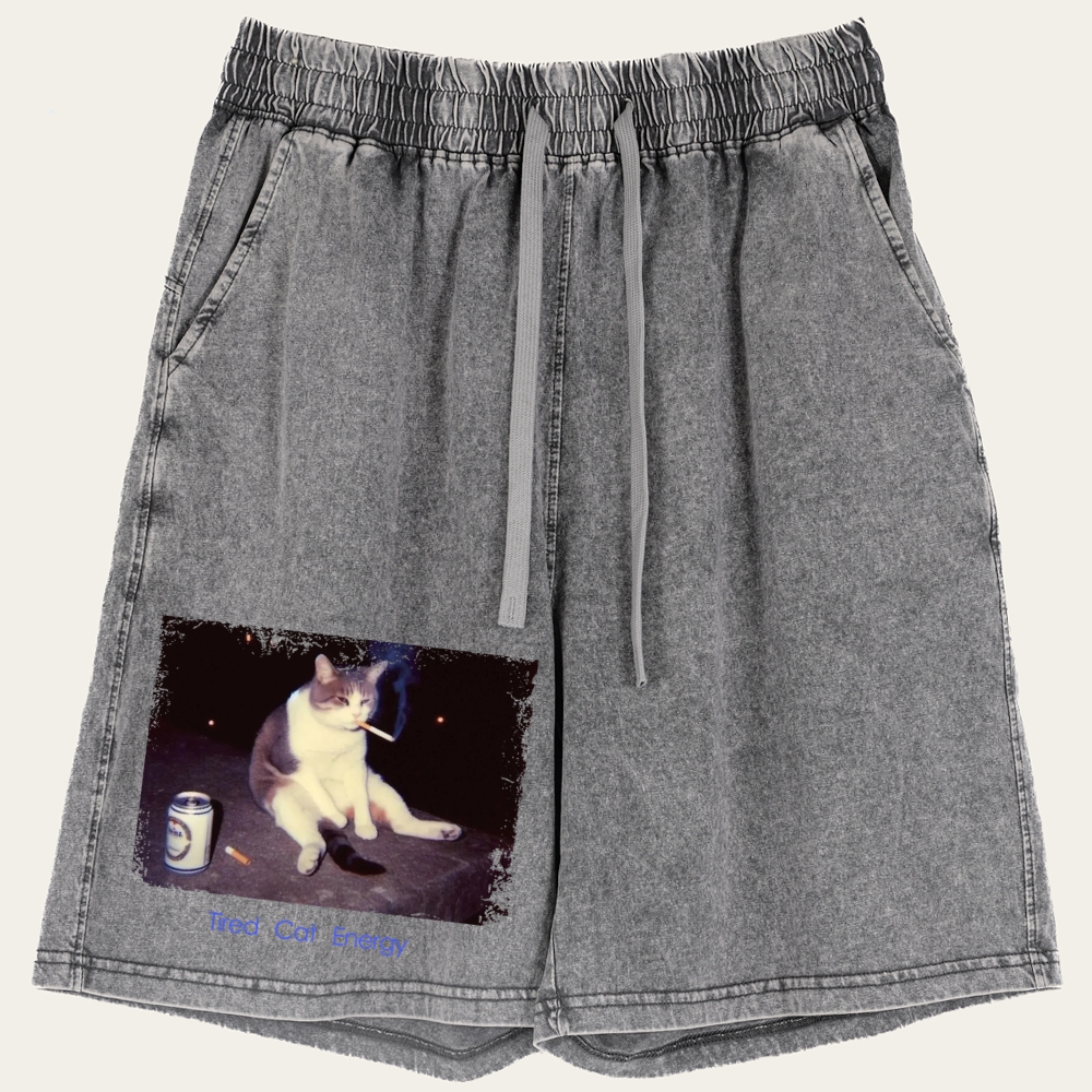 Tired Cat Energy Retro Washed Shorts