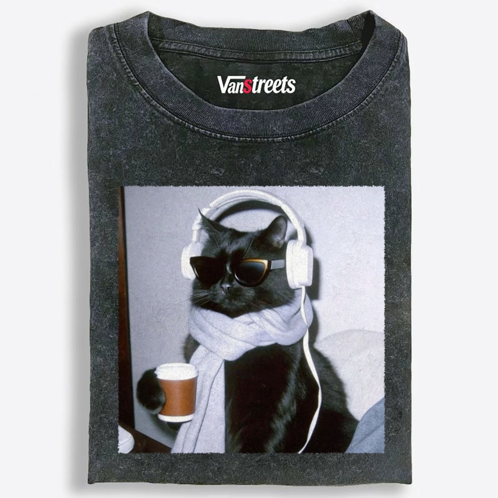 Cool Cat Coffee Beats Retro Washed T-Shirt | 100% Cotton | Streetwear Essential