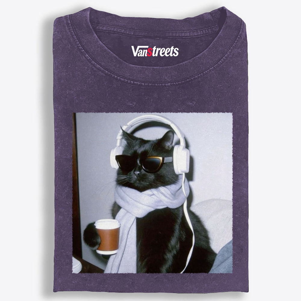 Cool Cat Coffee Beats Retro Washed T-Shirt | 100% Cotton | Streetwear Essential