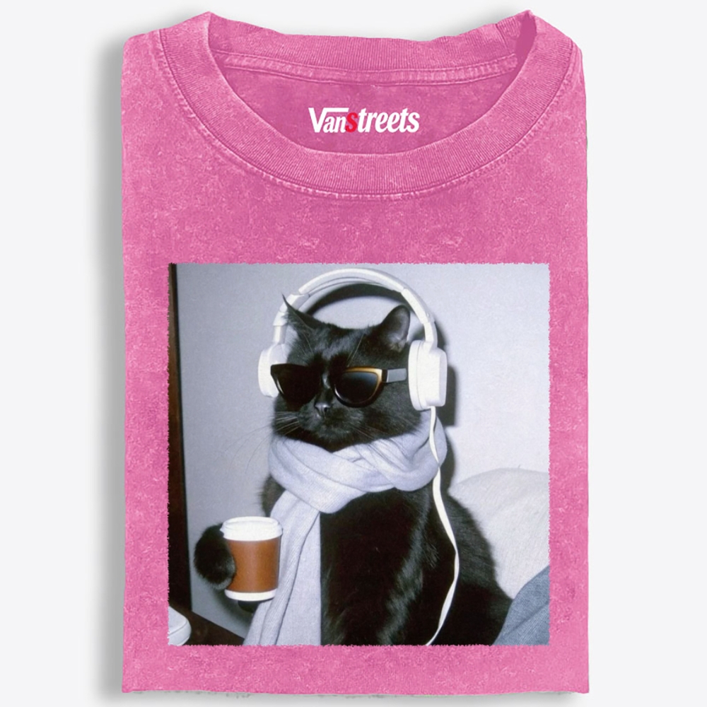 Cool Cat Coffee Beats Retro Washed T-Shirt | 100% Cotton | Streetwear Essential
