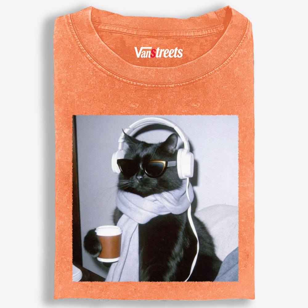 Cool Cat Coffee Beats Retro Washed T-Shirt | 100% Cotton | Streetwear Essential