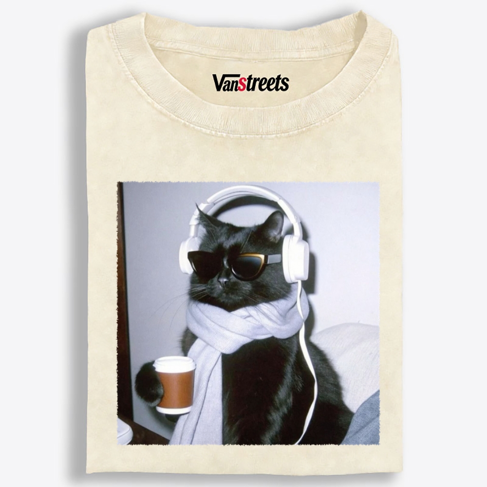 Cool Cat Coffee Beats Retro Washed T-Shirt | 100% Cotton | Streetwear Essential