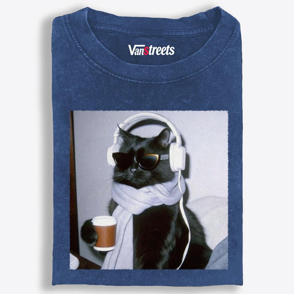 Cool Cat Coffee Beats Retro Washed T-Shirt | 100% Cotton | Streetwear Essential