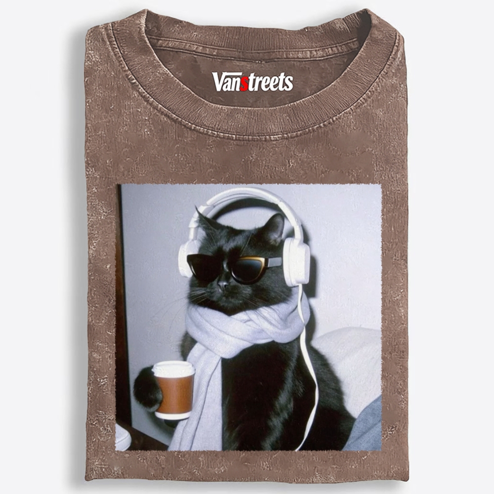 Cool Cat Coffee Beats Retro Washed T-Shirt | 100% Cotton | Streetwear Essential