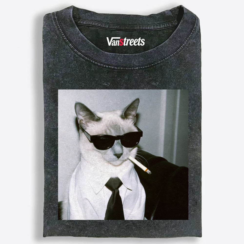 Smoking Boss Cat Retro Washed T-Shirt | 100% Cotton | Streetwear Essential