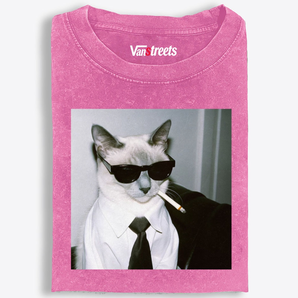 Smoking Boss Cat Retro Washed T-Shirt | 100% Cotton | Streetwear Essential