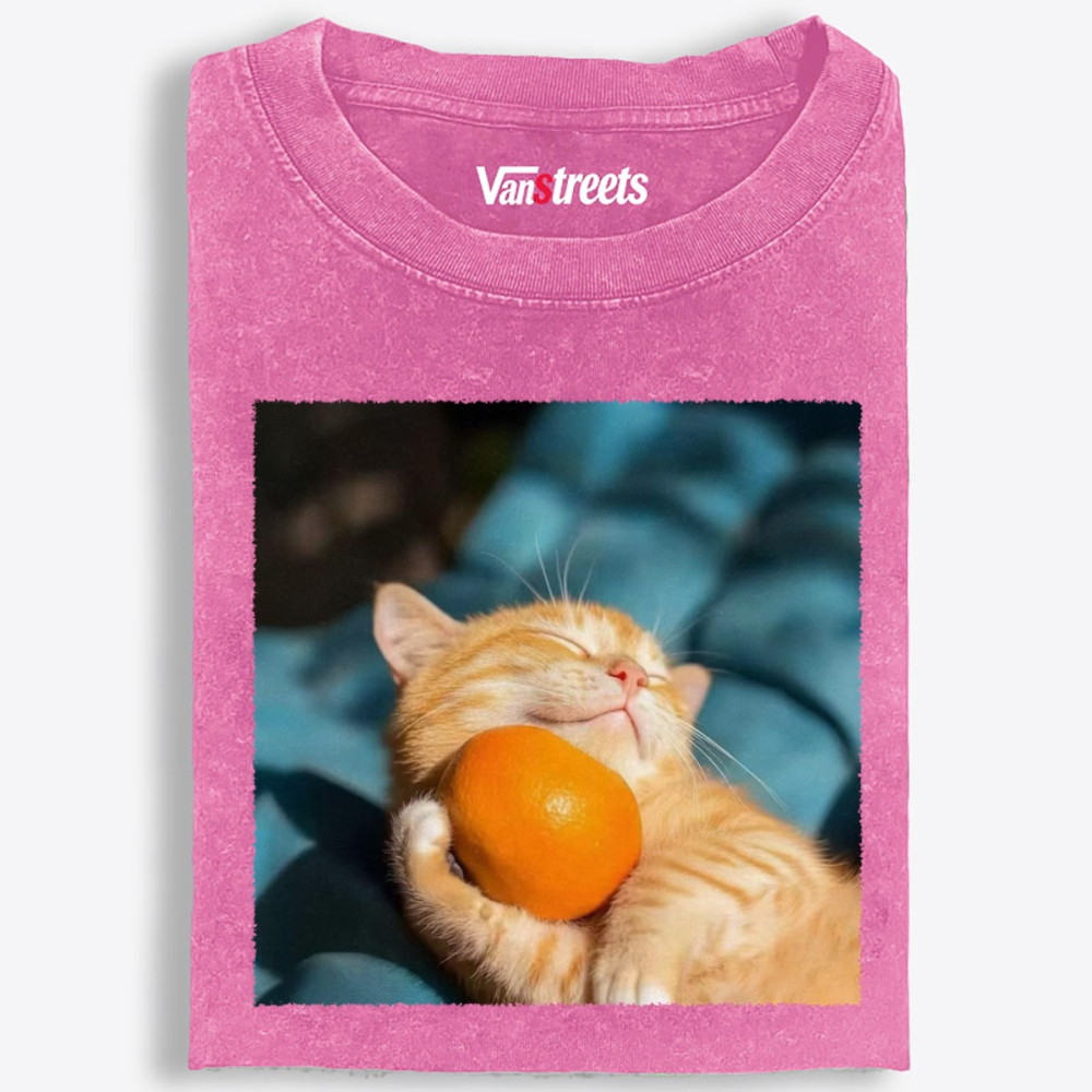 Orange Cat Hugs Orange Retro Washed T-Shirt | 100% Cotton | Streetwear Essential
