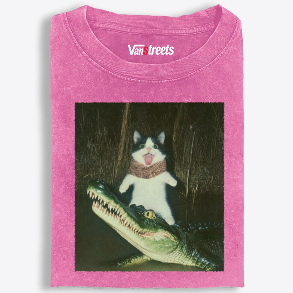 Cat Rides Gator Retro Washed T-Shirt | 100% Cotton | Streetwear Essential