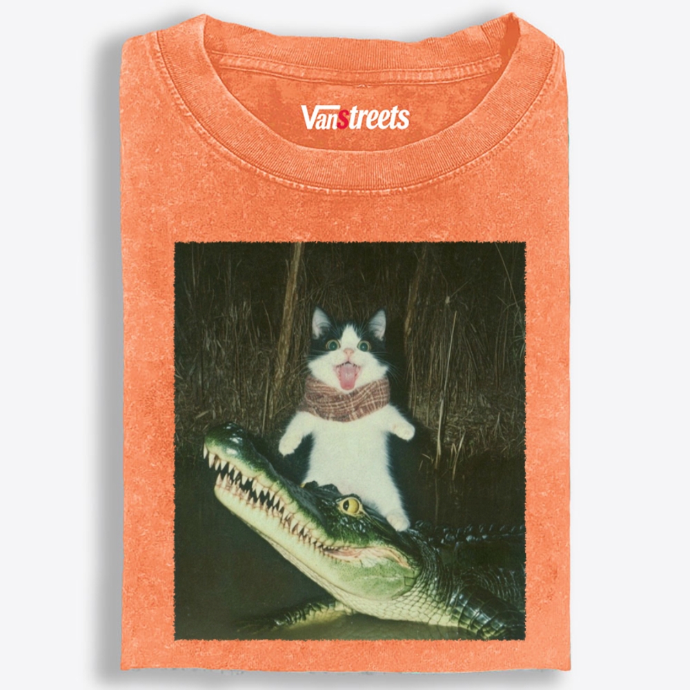 Cat Rides Gator Retro Washed T-Shirt | 100% Cotton | Streetwear Essential