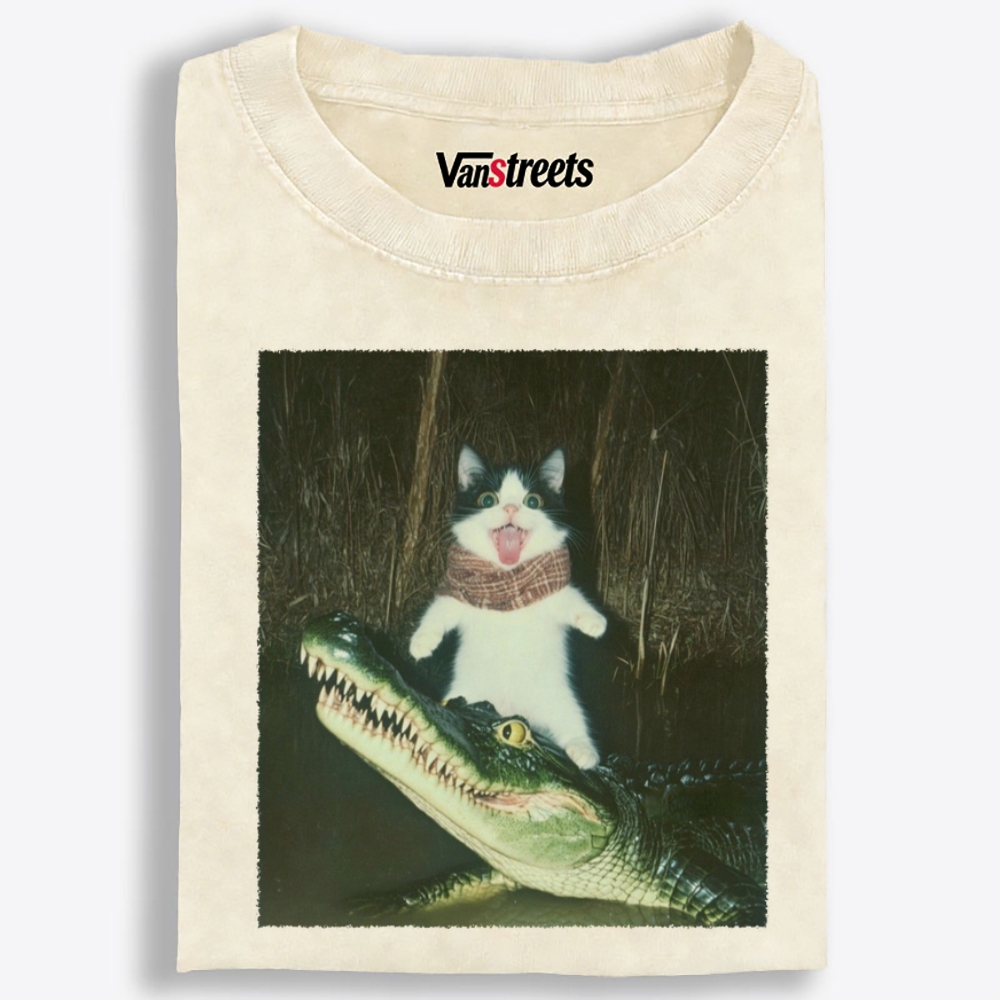 Cat Rides Gator Retro Washed T-Shirt | 100% Cotton | Streetwear Essential