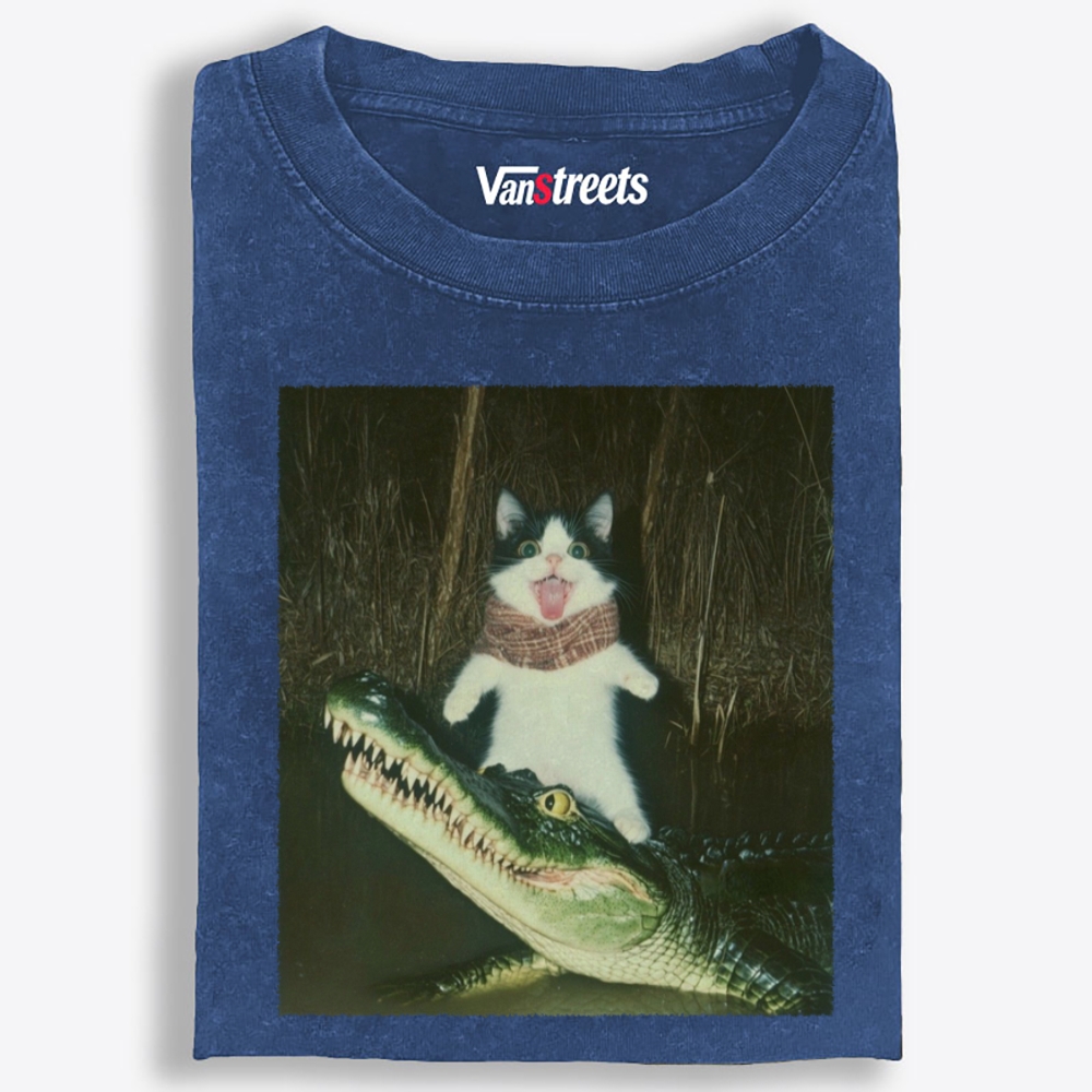 Cat Rides Gator Retro Washed T-Shirt | 100% Cotton | Streetwear Essential