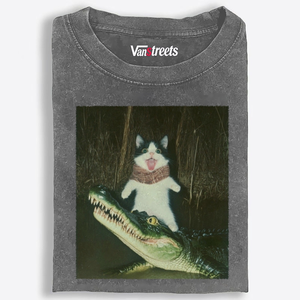 Cat Rides Gator Retro Washed T-Shirt | 100% Cotton | Streetwear Essential