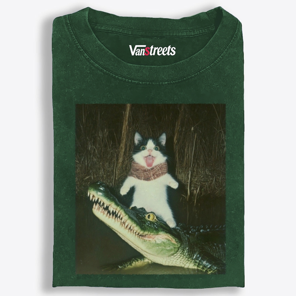 Cat Rides Gator Retro Washed T-Shirt | 100% Cotton | Streetwear Essential