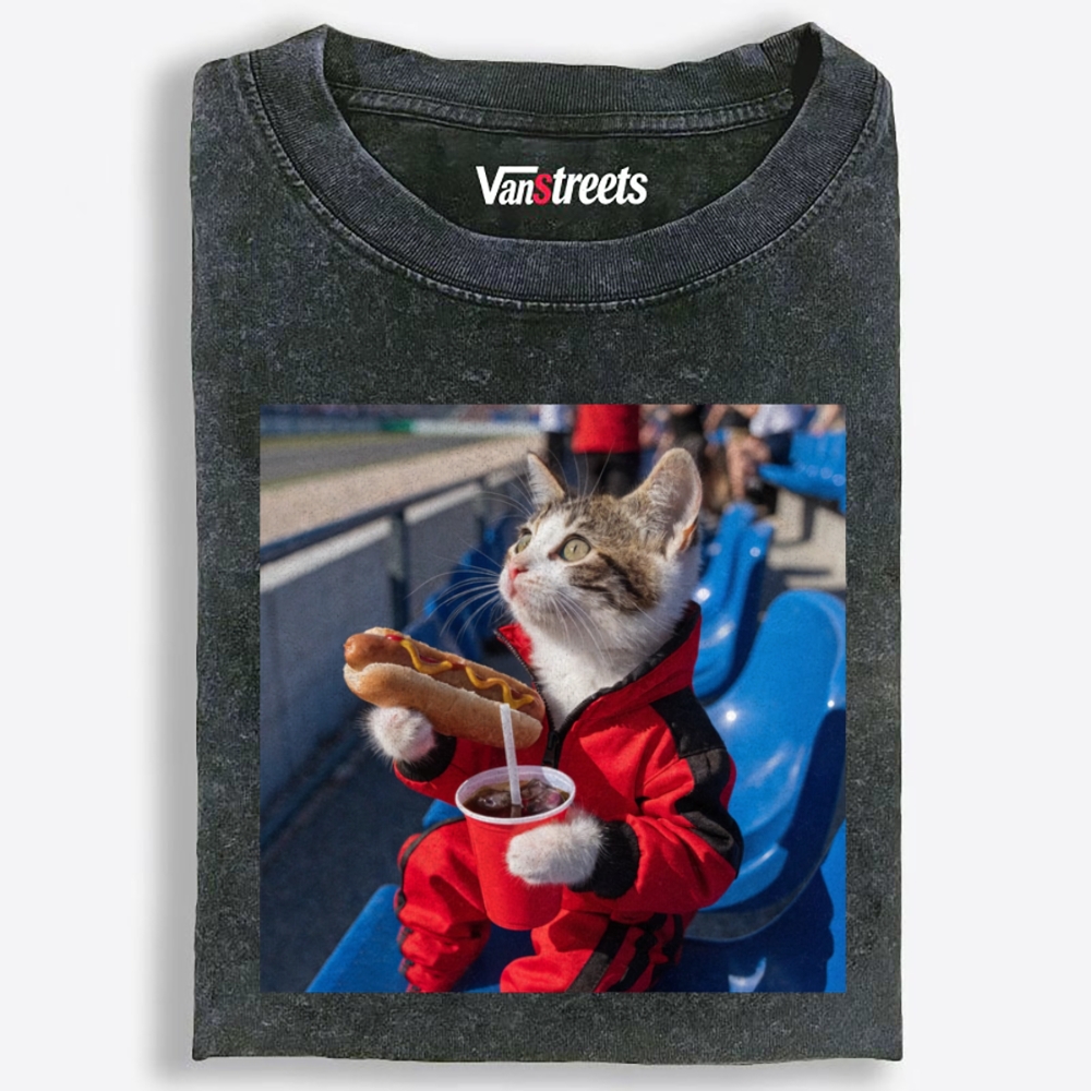 Hot Dog Stadium Cat Retro Washed T-Shirt | 100% Cotton | Streetwear Essential