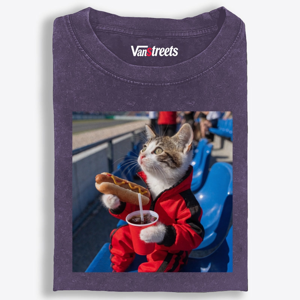 Hot Dog Stadium Cat Retro Washed T-Shirt | 100% Cotton | Streetwear Essential