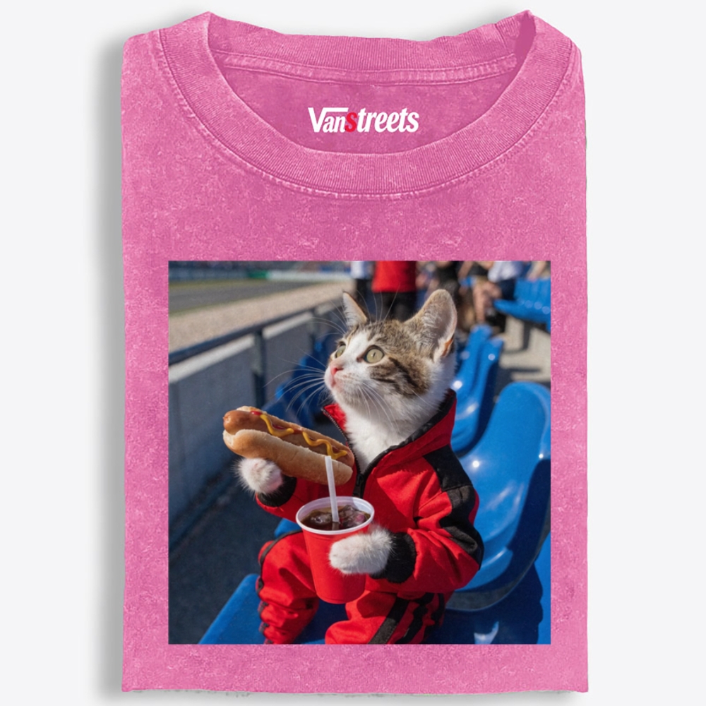Hot Dog Stadium Cat Retro Washed T-Shirt | 100% Cotton | Streetwear Essential