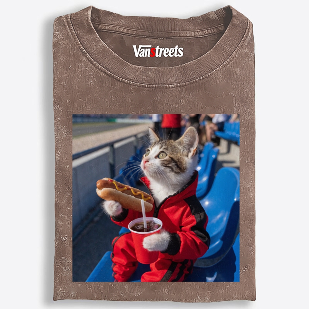 Hot Dog Stadium Cat Retro Washed T-Shirt | 100% Cotton | Streetwear Essential