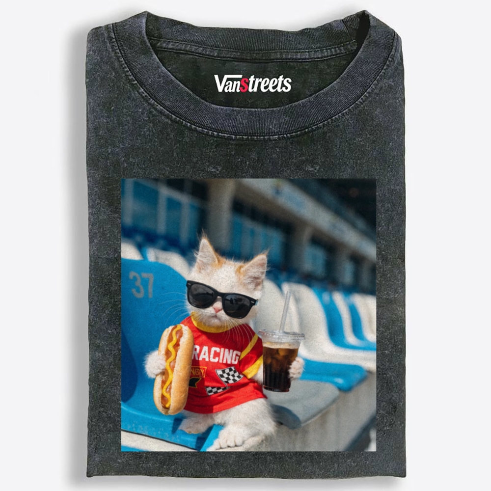 Racing Hot Dog Cat Retro Washed T-Shirt | 100% Cotton | Streetwear Essential