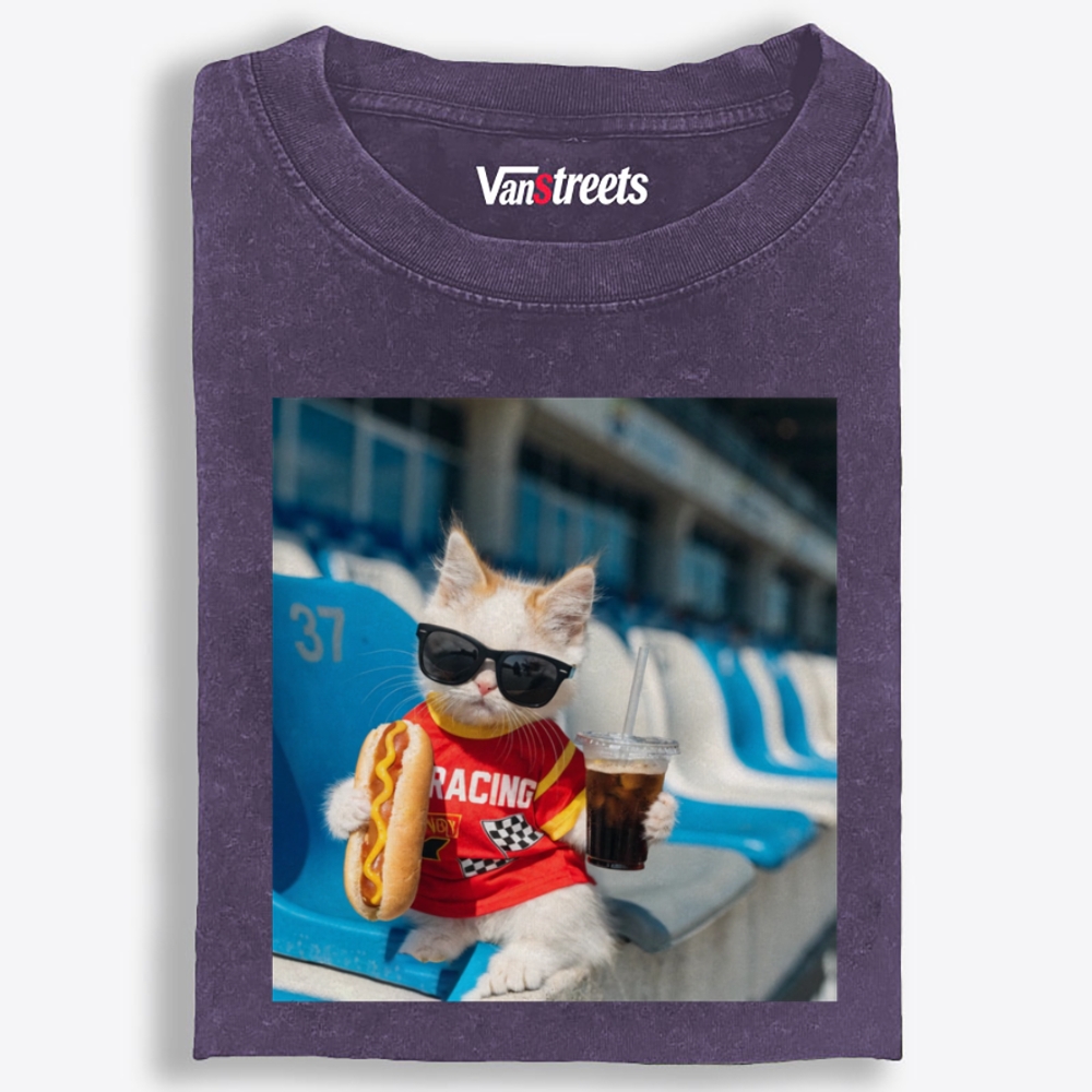 Racing Hot Dog Cat Retro Washed T-Shirt | 100% Cotton | Streetwear Essential