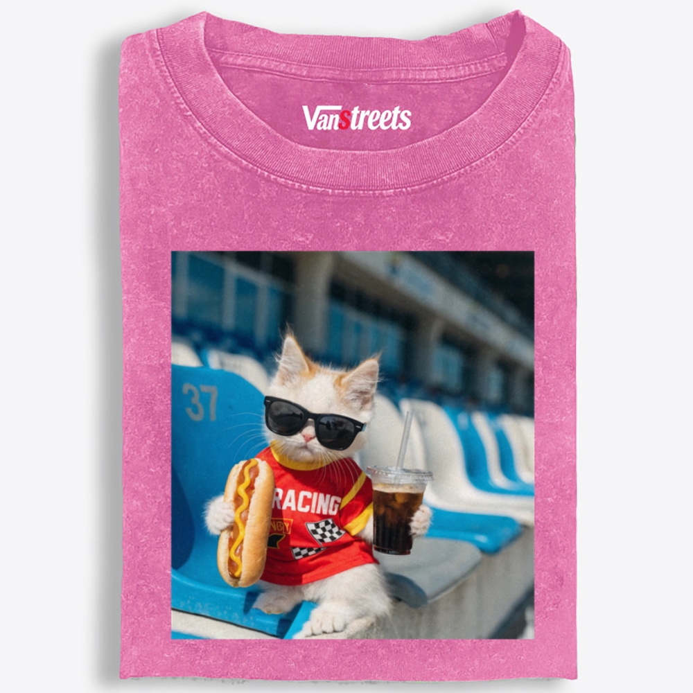 Racing Hot Dog Cat Retro Washed T-Shirt | 100% Cotton | Streetwear Essential