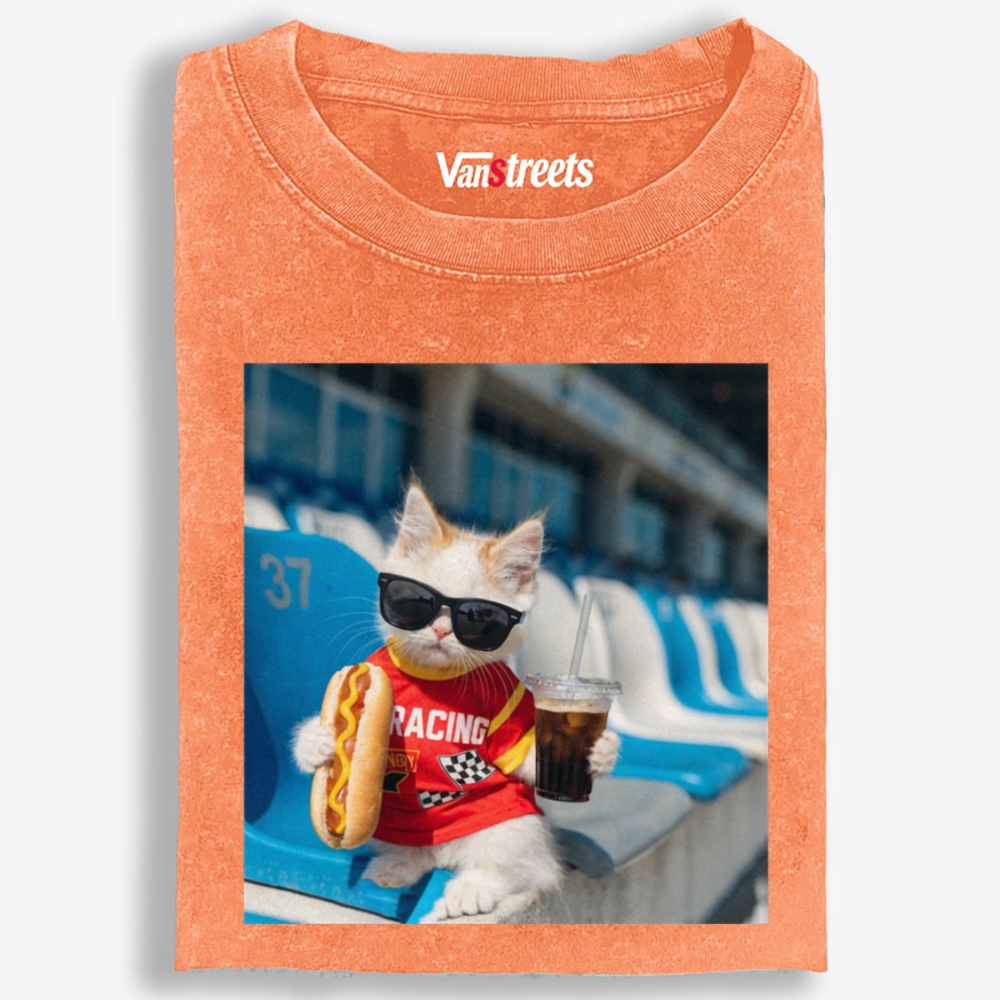 Racing Hot Dog Cat Retro Washed T-Shirt | 100% Cotton | Streetwear Essential