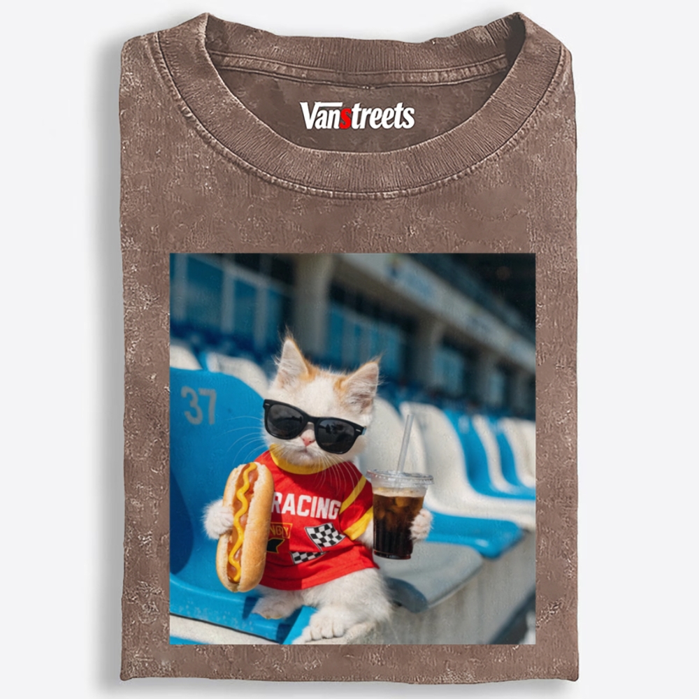 Racing Hot Dog Cat Retro Washed T-Shirt | 100% Cotton | Streetwear Essential