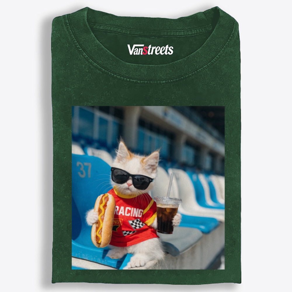Racing Hot Dog Cat Retro Washed T-Shirt | 100% Cotton | Streetwear Essential
