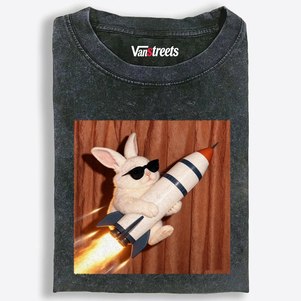 Blast Off Bunny Retro Washed T-Shirt | 100% Cotton | Streetwear Essential