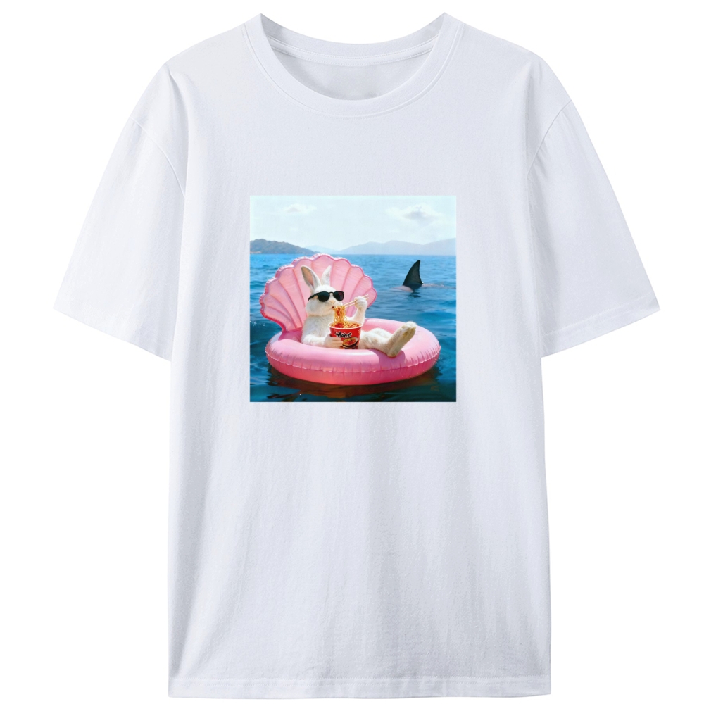 Bunny Eating Ramen With Shark Retro Designed for Women - Slim Fit Cotton Tee