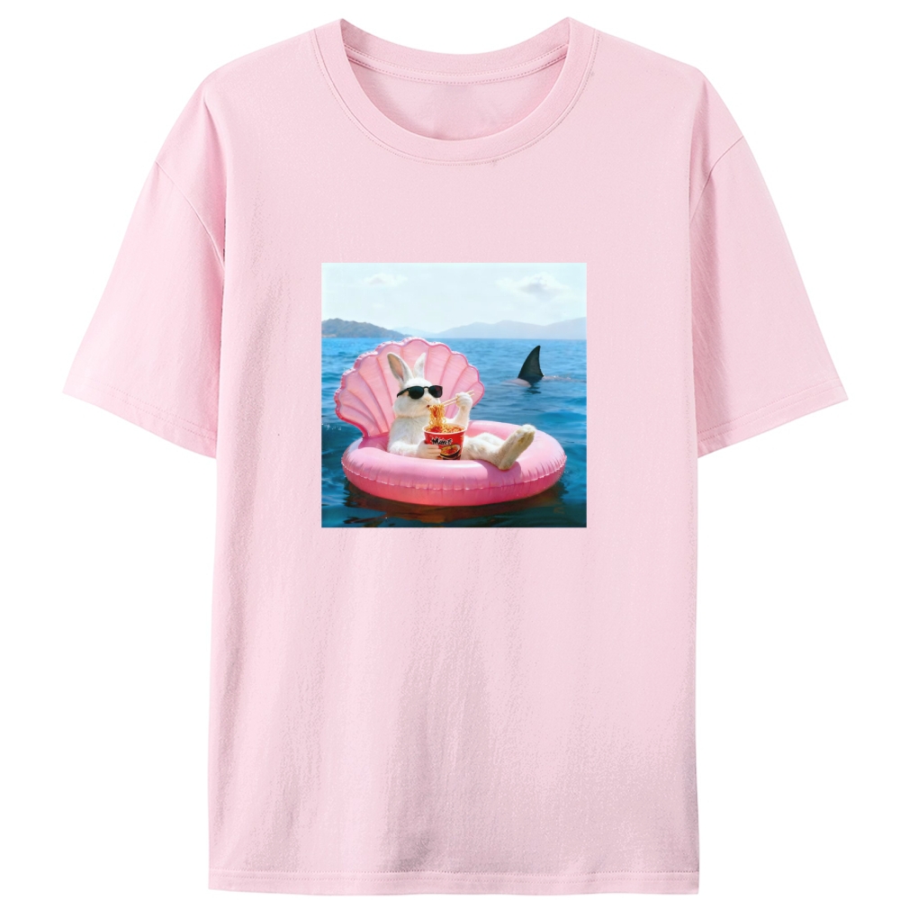 Bunny Eating Ramen With Shark Retro Designed for Women - Slim Fit Cotton Tee