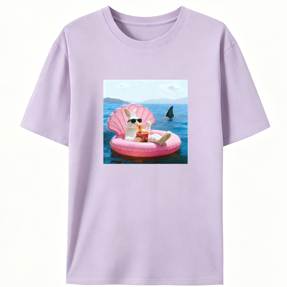 Bunny Eating Ramen With Shark Retro Designed for Women - Slim Fit Cotton Tee