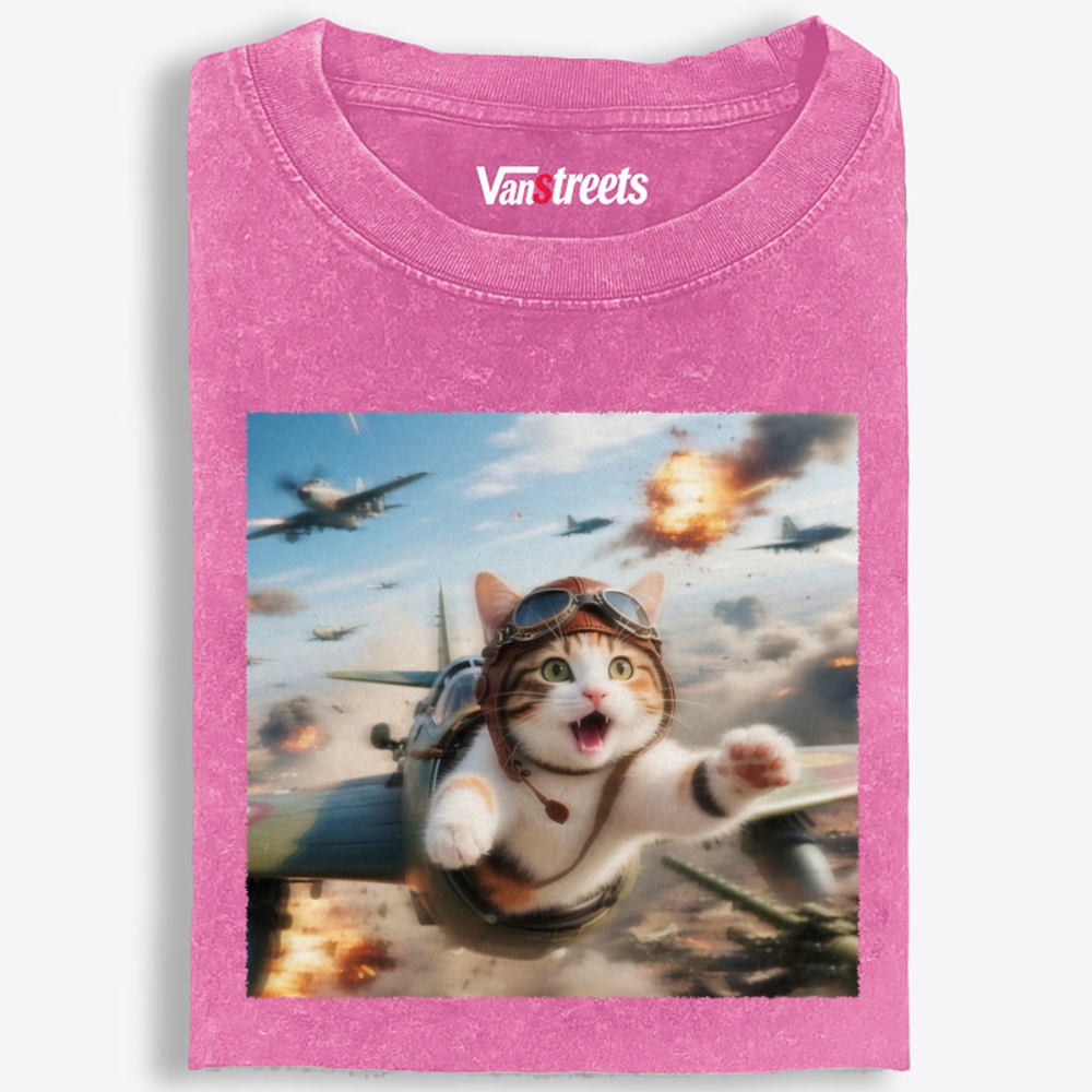 Dogfight Screaming Cat Retro Washed T-Shirt | 100% Cotton | Streetwear Essential