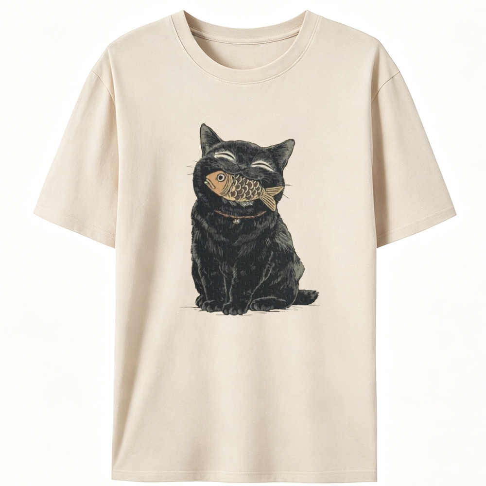 Fish Thief Black Cat Retro Designed for Women - Slim Fit Cotton Tee