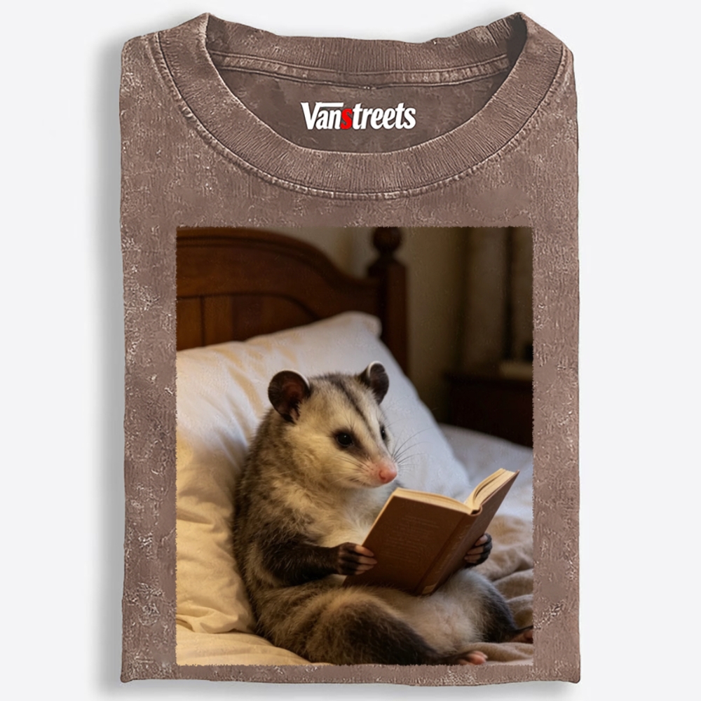 Bedtime Bookworm Possum Retro Washed T-Shirt | 100% Cotton | Streetwear Essential