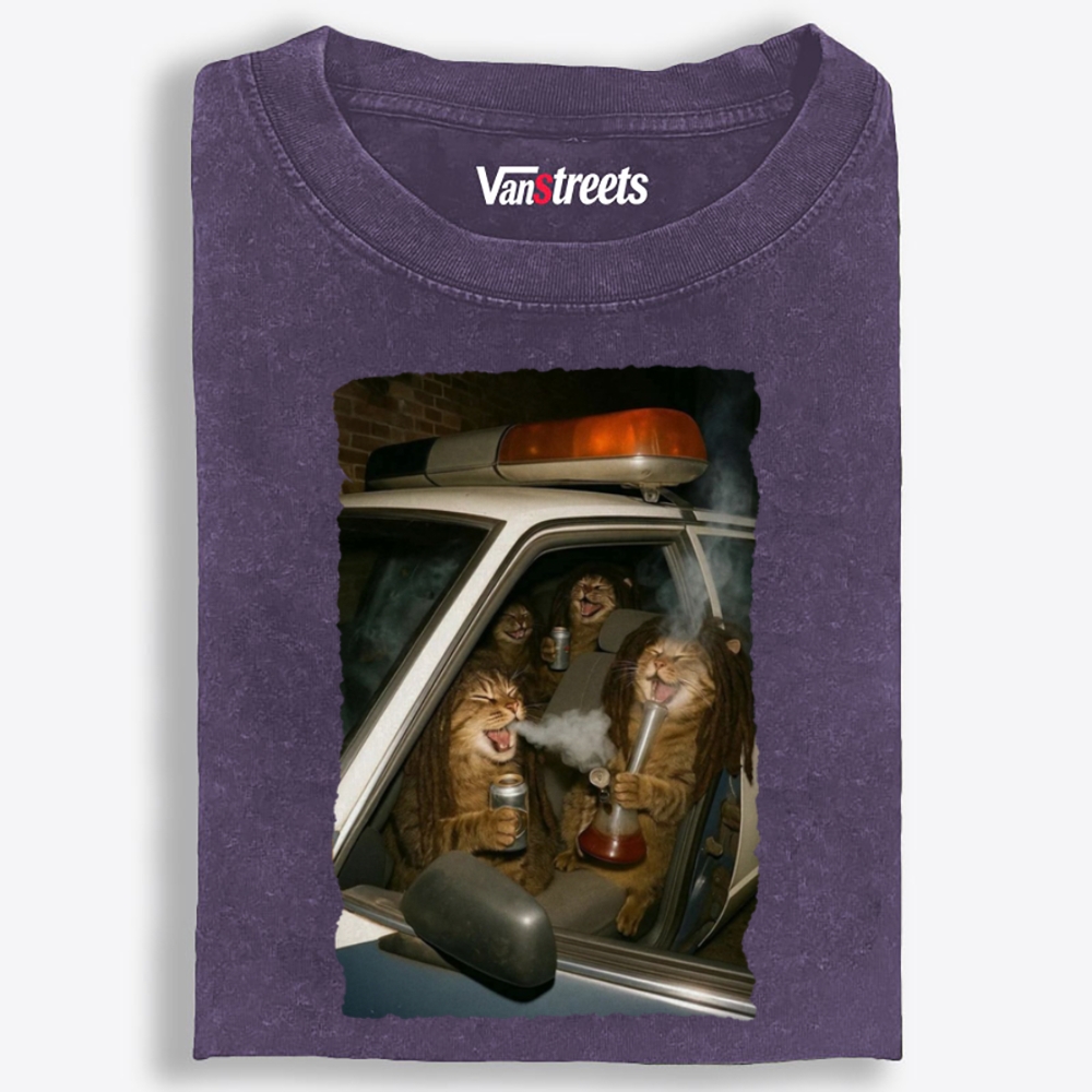 Cats in Police Car Retro Washed T-Shirt | 100% Cotton | Streetwear Essential