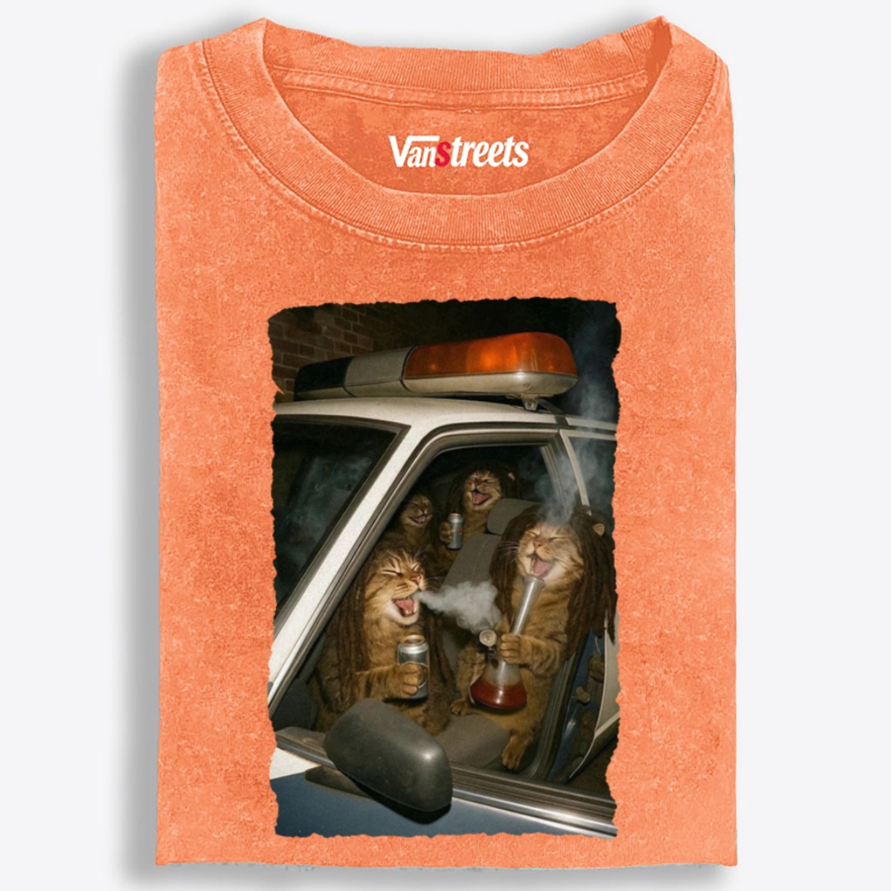 Cats in Police Car Retro Washed T-Shirt | 100% Cotton | Streetwear Essential