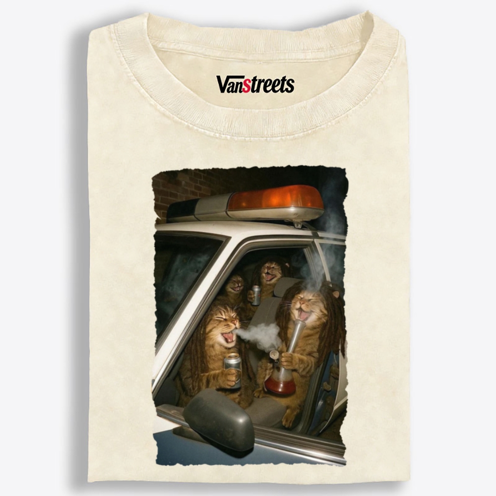 Cats in Police Car Retro Washed T-Shirt | 100% Cotton | Streetwear Essential