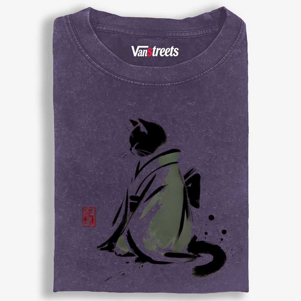 Kimono Black Cat Retro Washed T-Shirt | 100% Cotton | Streetwear Essential