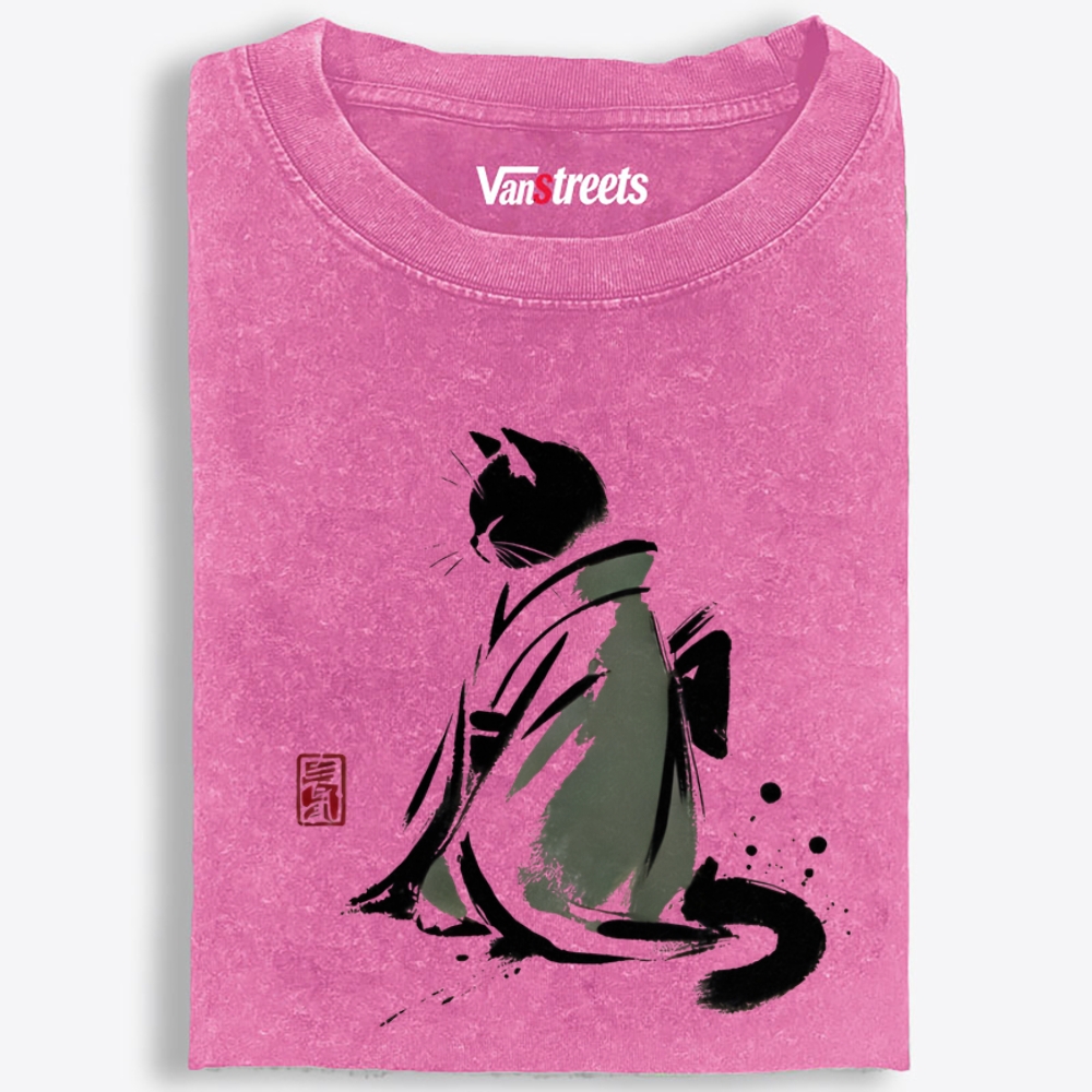 Kimono Black Cat Retro Washed T-Shirt | 100% Cotton | Streetwear Essential