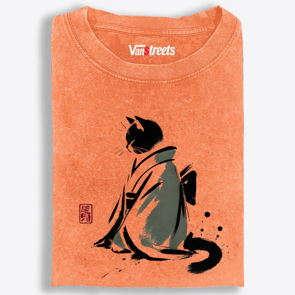 Kimono Black Cat Retro Washed T-Shirt | 100% Cotton | Streetwear Essential